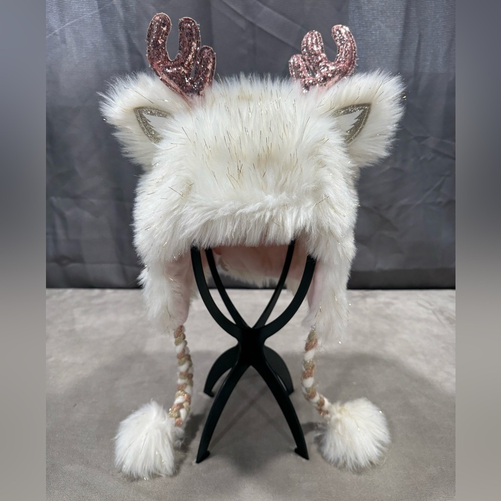 Justice White and Pink Furry Reindeer Hat